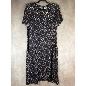 VTG 90s Halmode Petites Midi Dress 16 Navy Blue Floral Rosette Rayon Cottagecore